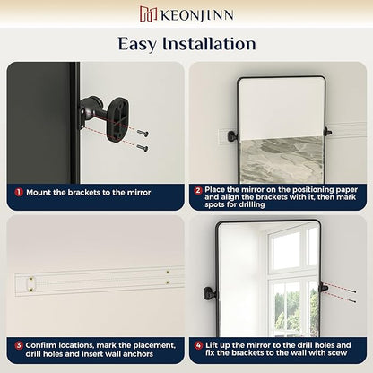 Keonjinn Pivot Mirror Bathroom, 24x30 Inch Black Tilt Mirror Bathroom for Over Sink, Matte Black Framed Mirrors for Bathrooms, Adjustable Beveled Rounded Corner Tilt Wall Mirrors, Horizontal/Vertical