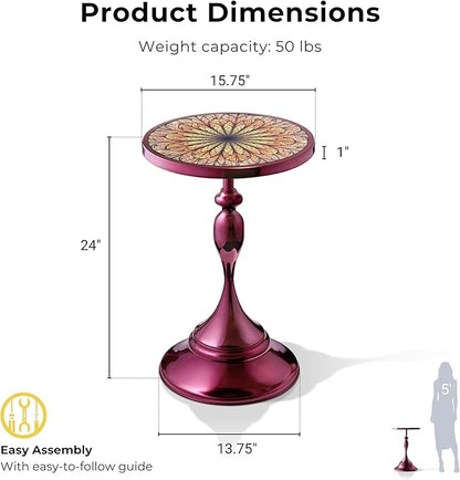 HOMES: Inside + Out Halric Modern 24" Tall Round End Table with Decorated Tabletop and Iron Metal Base, Accent Furniture, Elegant Pedestal Stand for Living Room, Home Office, Chrome Purple