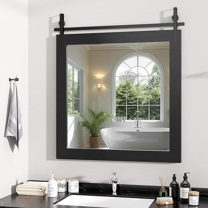 Hasipu Farmhouse Bathroom Mirror, 31"x31" Rustic Wood Framed Wall Mounted Mirror, Black Vintage Vanity Mirror Barn Door Style Decrative Mirrors