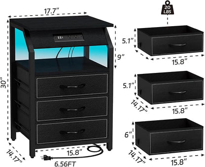 End Tables Set of 2, Nightstands with Charging Station and LED Lights, 3 Drawers Fabric Dressers, Storage Side Tables for Bedside, Living Room, Modern Black