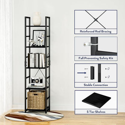 NUMENN 5 Tier Slim Bookshelf, Tall Bookcase Shelf Storage Organizer, Modern Book Shelf for Bedroom, Living Room and Home Office, Black