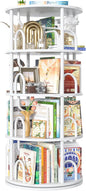 Aheaplus 4 Tier Rotating Bookshelf Tower, 360 Display Spinning Bookcase, Revolving Round Book Shelf Narrow Swivel Bookshelf, Vertical Turning Spiral Corner Book Organizer for Small Space, White