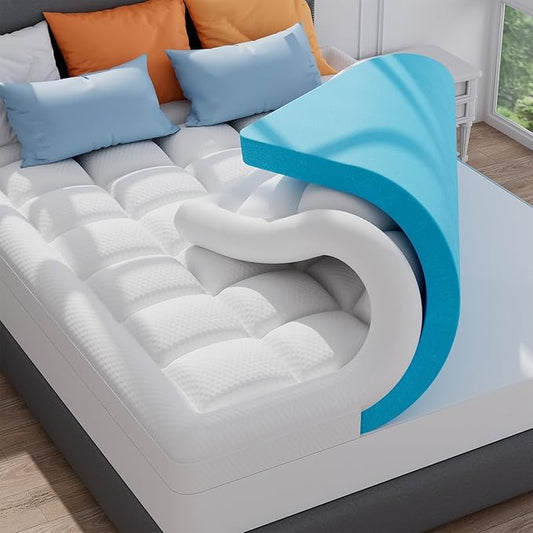 ELEMUSE RV King Dual Layer 3 Inch Memory Foam Mattress Topper, 1 Inch Plush Feel Pillow Top Mattress Topper Cover and 2 Inch Cooling High Density Memory Foam Bed Pad for Back Pain Relief