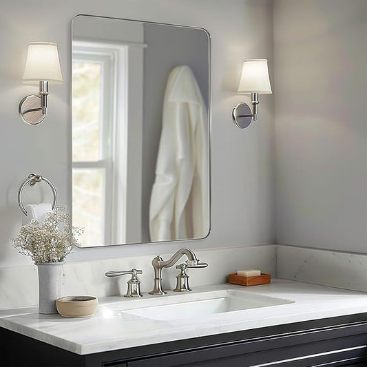 ANDY STAR 36”x48”Brushed Nickel Mirror for Bathroom, Rounded Rectangle Bathroom Mirror, Modern Metal Mirror in Premium Stainless Steel Frame, 1”Deep Set Design Hangs Horizontal Or Vertical