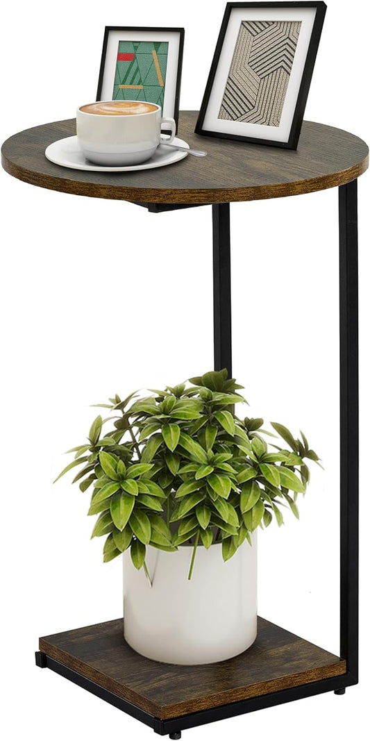 HDANI C Table End Table,Round Side Table That Slide Under,C Shaped End Table for Couch,Small Table for Living Room, Bedroom,Rustic Brown