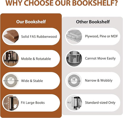 Solid Wood Rotating Bookshelf on Wheels, 5 Tier, Round Revolving Bookcase, 360° Spinning Book Shelf Tower for Kids, Narrow Rolling Bookshelves for Small Space, Corner, Bedroom, Office, Black