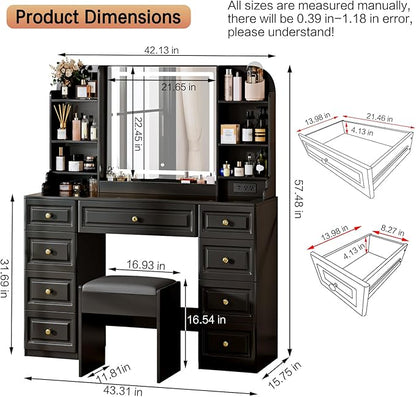 42" Makeup Vanity Desk with Mirror and Lights, & Power Outl, Glass Top Big Vanity Table with 9 Drawers& 8 Storage Shelves, Dressing Table Set with Chair for Bedroom, Black
