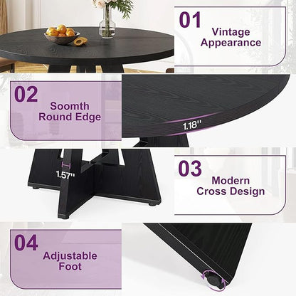 Round Dining Table for 4, 47" Wooden Kitchen Dinner Table Rustic, Farmhouse Table for Dining Room, Living Room, Black