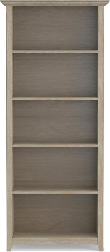 SIMPLIHOME Amherst Bookcase - 70 inch Tall 5-Shelf Solid Wood Bookshelf in Distressed Grey, Transitional Storage for Living Room, Study Room or Office with Adjustable Shelves and Tapered Legs