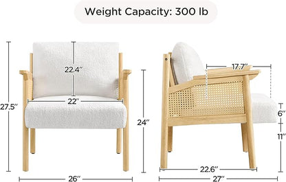 Yaheetech Accent Boucle Vanity Chair with Rattan Back Arms, Mid Century Upholstered Living Room Lounge Chair Bedroom Balcony White 2 PCS