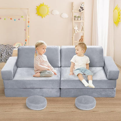 10Pcs Kids Play Couch,Toddler Sofa,Modular Kids Couch for Playing, Creativing, Sleeping (Grey)