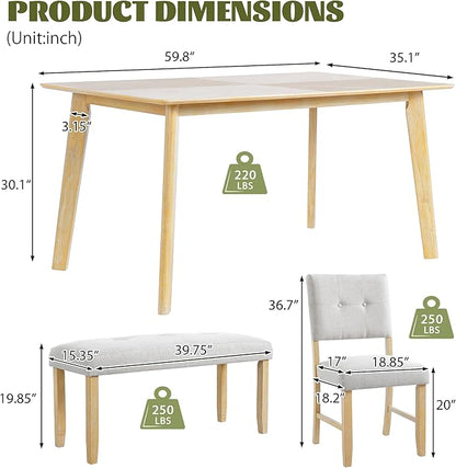 Ball & Cast 6 Piece Dining Room Table Set for 6,Rustic Farmhouse Dining Room Rectangular Table with Upholstered Chairs and Bench,Wood Dining Furniture for Kitchen,Natural Wood Wash