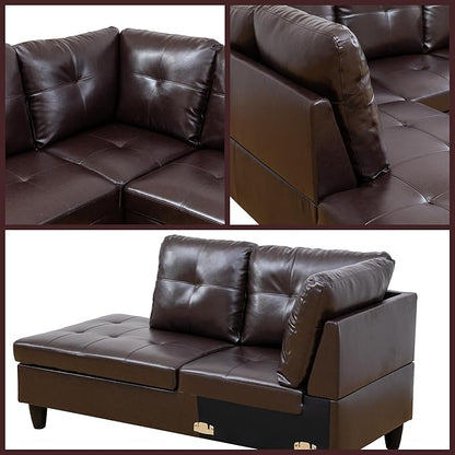 L Shaped Couch Sectional Couches with Chaise, 3 Pieces Modular Convertible Sofa for Living Room Furniture Sets and Small Apartment Faux Leathert, Brown