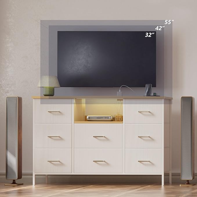 White Dresser with LED Lights and Power Outlets, Dresser TV Stand with 8 Drawers for 55" TV, Fabric Chest of Drawers for Bedroom, Living Room, Entryway