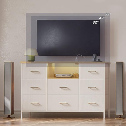 White Dresser with LED Lights and Power Outlets, Dresser TV Stand with 8 Drawers for 55" TV, Fabric Chest of Drawers for Bedroom, Living Room, Entryway