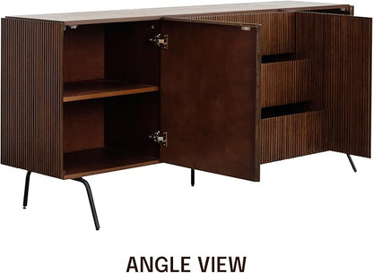 NTC Veil Sideboard with 2 Doors and 3 Drawers, Buffet Cabinet with Vertical Groove Design and Metal Legs, Storage Cabinet for Living Room, and Entryway, Effortless Assembly - Dark Walnut