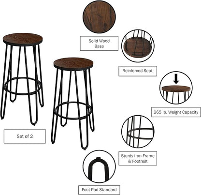 Set of 2 Bar Stools - 24-Inch-Tall Backless Barstools with Hairpin Legs and Wood Seat for Kitchen, Dining Room, or Bar by Lavish Home
