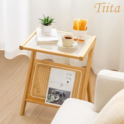 Tiita Rattan Side Table, Mid Century Nightstand, Bamboo Accent Bedside Tables, Glass Coffee Tables, Boho Wooden End Table with Storage for Small Space, Living Room and Bedroom