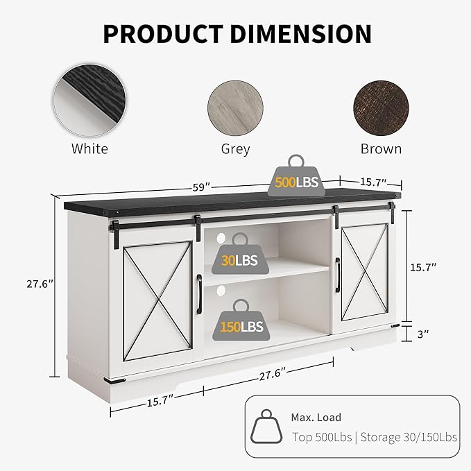 IDEALHOUSE Farmhouse TV Stand and Entertainment Center for Tv up to 65 inches with Sliding Barn Doors and Adjustable Shelf, Tv Media Console Table with Storage Cabinet for Living Room, White & Black