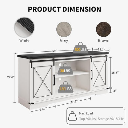 IDEALHOUSE Farmhouse TV Stand and Entertainment Center for Tv up to 65 inches with Sliding Barn Doors and Adjustable Shelf, Tv Media Console Table with Storage Cabinet for Living Room, White & Black