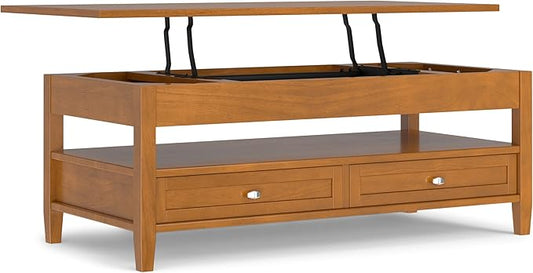 SIMPLIHOME Warm Shaker Lift Top Coffee Table - 48 inch Wide Solid Wood Cocktail Table in Light Golden Brown, Transitional Living Room Table with Hidden Storage, 2 Drawers, and Open Shelf