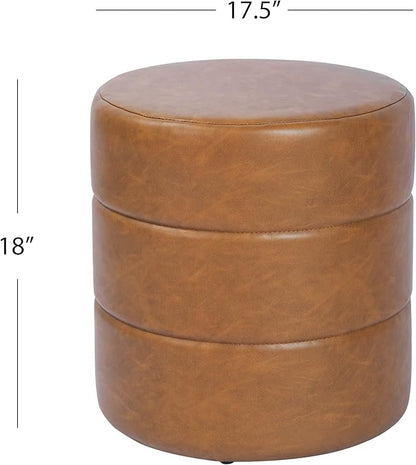 HomePop Upholstered Faux Leather Round Ottoman (No Lid, Seat Only) Home Décor | Round Pouf Foot Rest – Camel Brown Faux Leather