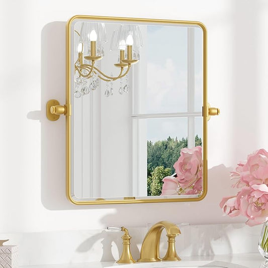 Keonjinn Gold Pivot Mirror Bathroom, 20x24 In Beveled Tilt Mirror Bathroom, Brushed Gold Modern Rectangular Metal Framed Mirrors, Rounded Corner Rectangular Vanity Mirrors for Wall,Horizontal/Vertical