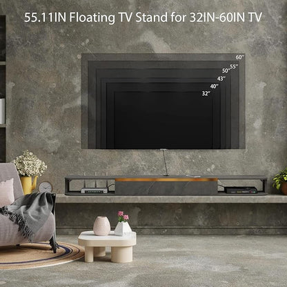 Floating TV Stand, 55'' Wall Mounted Entertainment Center TV Media Console, Floating Shelves with Door, Floating TV Cabinet Large Storage TV Bench for Living Room (Dark Grey, 55.11IN)