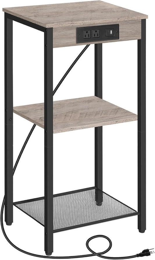 HOOBRO Tall End Table with Charging Station, 30 Inch Tall Nightstand, 3-Tier Side Table with Storage Shelves, for Living Room, Bedroom, Hallway, Greige BG09UDH01G1