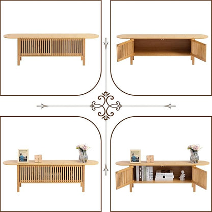 HollyHOME Bamboo TV Stand with Storage for TVs up to 65", Modern Entertainment Center with Fence Door, Accent TV Table with 2 Shelf, Media Console TV Stand for Living Room, Bedroom, Burlywood