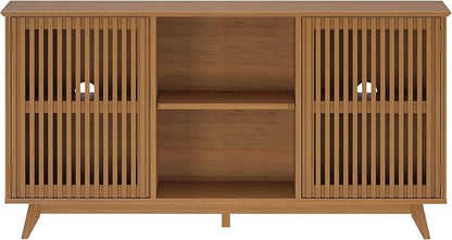Plank+Beam Mid-Century Modern Wood TV Stand, Solid Wood Entertainment Console with Storage, 59" L x 16" W x 30" H, Pecan