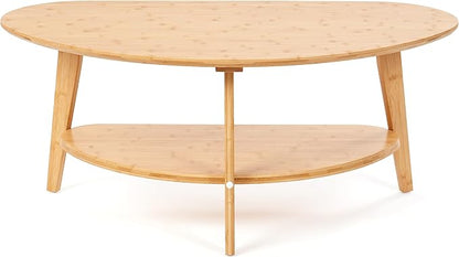 Mid-Century Modern Coffee Table for Living Room, 100% Solid Wood Oval Coffee Table, 2 Tier Wooden Coffee Tables for Home Office Livingroom, 40.2 x 22 Inches Easy Assemble (Natural)