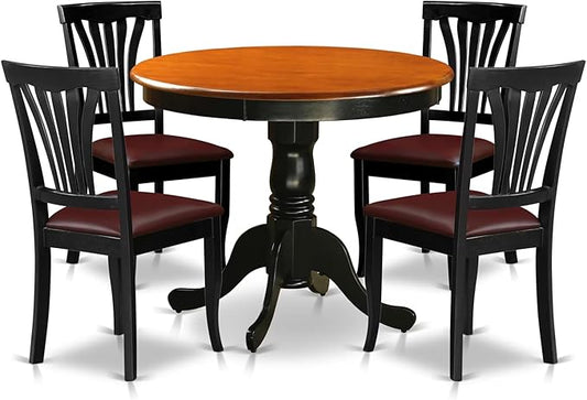 East West Furniture ANAV5-BLK-LC 5 Piece Dinette Set for 4 Includes a Round Kitchen Table with Pedestal and 4 Faux Leather Dining Room Chairs, 36x36 Inch, Black & Cherry