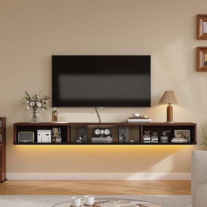 Floating TV Stand Matte Finish, 86'' Wall-Mounted TV Cabinet,Floating TV Console,Under TV Shelf with 3 Doors for Living Room Bedroom(Walnut+Black)