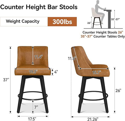 Counter Height Bar Stools Set of 6, Modern Swivel Barstools with Back and Wood Legs, Faux Leather Upholstered Bar Chairs, 26" H Kitchen Counter Stools, Kitchen Island Home Bar, Whisky Brown