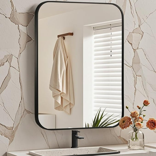 Matte Black Mirror, 24"x32" Rectangle Bathroom Mirror, Metal Frame Rectangle Corner Vanity Mirror, Wall Mounted Mirror for Modern, Living Room, Bedroom, Horizontal Or Vertical