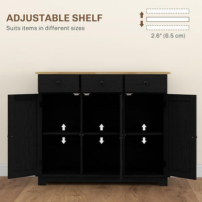 HOMCOM Sideboard with Solid Wood Countertop, Modern Kitchen Storage Cabinet, Coffee Bar Cabinet with 3 Drawers, Doors and Adjustable Shelf, Distressed Black