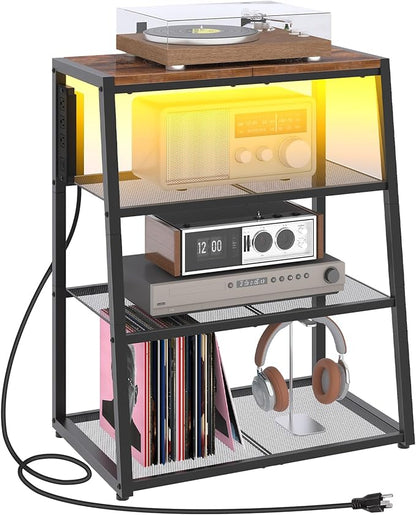 HOOBRO 4-Tier AV Media Stand with Charging Station and LED Light, Wooden Stereo Cabinet, Corner TV Stand, Rack Audio Tower, Corner Entertainment Center, Rustic Brown and Black BF107UDCJ01
