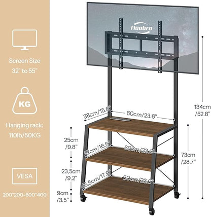 HOOBRO Rolling TV Stand with Mount and Power Outlet Up to 55 inch TV, Corner Entertainment Center, Small TV Stand with 3-Tier Storage Shelves for Living Room, Bedroom, Black and Walnut BH66UDS01