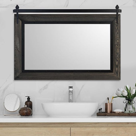 YOSHOOT Farmhouse Barn Door Mirror, 40"x26" Rustic Bathroom Mirror, Wood Frame Wall Mirror, Wooden Mirror for Living Room Bedroom Entryway Wall Décor, Horizontal Hanging ONLY