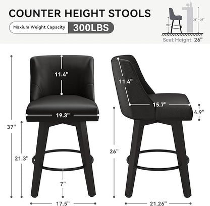 Counter Height Swivel Bar Stools Set of 4, 26 Inch Bar Stools with Footrest, Faux Leather Upholstered Barstools with Back and Solid Wood Legs for Kitchen Island, Dining Room,Pub,Black
