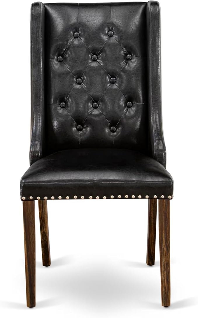 East West Furniture V777FO749-7 7 Piece Modern Dining Table Set Consist of a Rectangle Wooden Table with V-Legs and 6 Black Faux Leather Parsons Dining Chairs, 40x72 Inch, Multi-Color