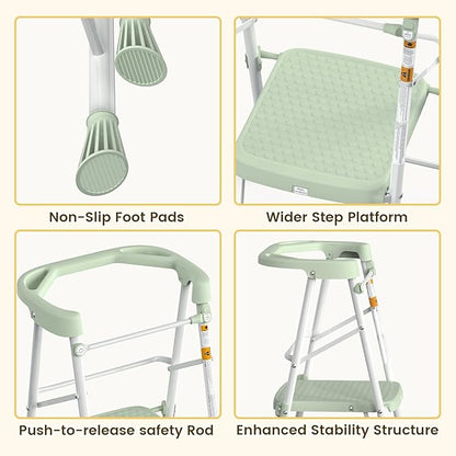 Kids Step Stool 2 Steps, Toddler Tower for Kitchen Counter Learning, Toddler Kitchen Stool Helper with Anti-Drop Safty Railing Kids Standing Folding Stepper, Green