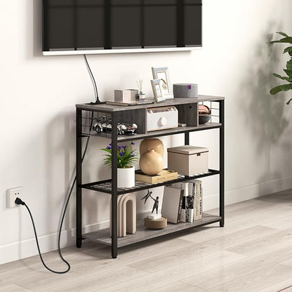 Narrow Entryway Console Table with Storage, Drawer and Charging Station - Behind Couch Table with Outlet and USB Ports for Living Room Foyer, Grey
