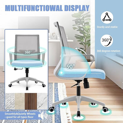Office Chair ergonomically Designed with Breathable mesh backrest and Lumbar Support Adjustable Height Suitable for Offices Homes bedrooms Study Rooms Blue