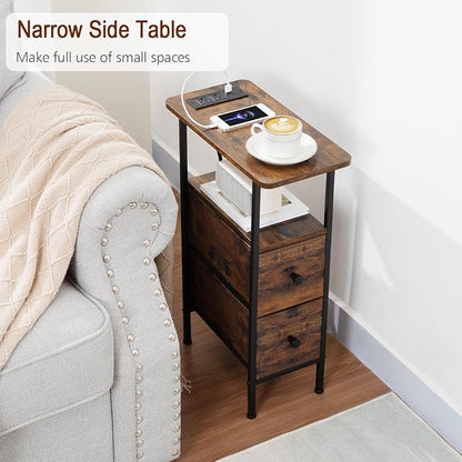 Narrow End Table Living Room with Charging Station, Skinny Side Table with Fabric Drawers, Slim Nightstand for Bedroom, Small Spaces, Couch, Rustic Brown, HETNDP02PBR-1