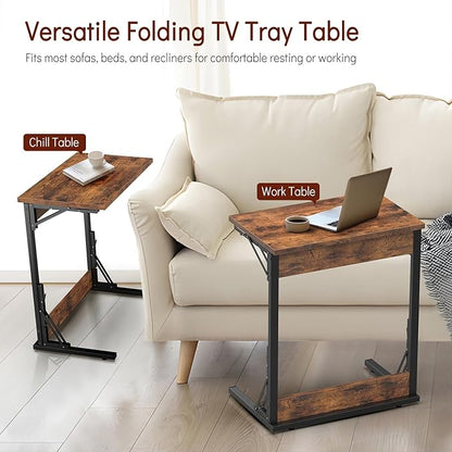 Tatub 24" Folding C Shaped End Table Set of 4, Small Sofa Side Laptop Desk, Couch TV Tray Table for Living Room, Bedroom, Rustic Brown