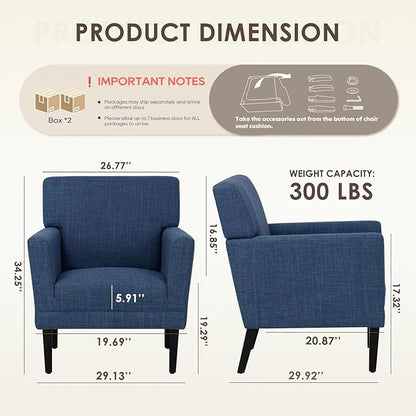 COLAMY Accent Chair Set of 2 for Living Room, Modern Upholstered Fabric Accent Armchair with Back, Soft Single Sofa Chair with Arms for Bedroom/Office/Reception Room, Blue