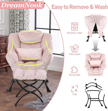 Lazy Chair with Ottoman, Modern Accent Chair with Lumbar Pillow, Comfy Chairs with Folding Footrest for Bedroom, Reading, Oversized Supportive Lounge Chairs(Velvet Pink)