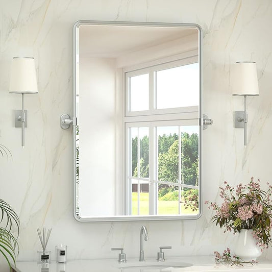 Keonjinn 24 x 36 in Silver Pivot Mirror, Satin Nickel Beveled Tilt Mirror Bathroom Rectangle, Adjustable Tilted Mirrors Bathroom for Over Sink, Framed Vanity Mirrors for Wall (Horizontal/Vertical)